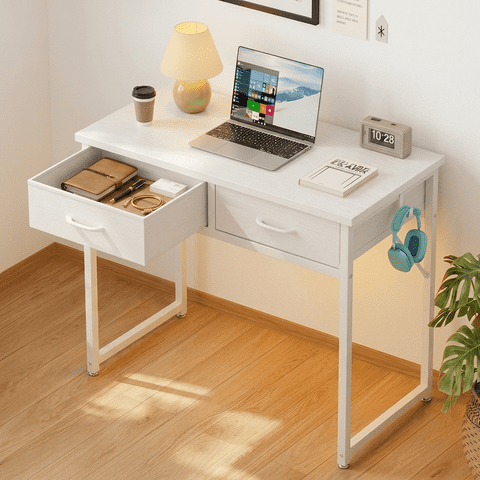 Pinmoco 32" Small Computer Desk with RGB LED Lights & 2 Fabric Drawers, Modern Dorm Study Desk for Small Spaces, White