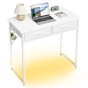 Pinmoco 32" Small Computer Desk with RGB LED Lights & 2 Fabric Drawers, Modern Dorm Study Desk for Small Spaces, White