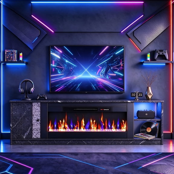 Pinmoco 36" Electric Fireplace TV Stand for TVs up to 80", LED Entertainment Center with Storage Cabinet, 7 Flame Colors, RGB Lights, Black Marble