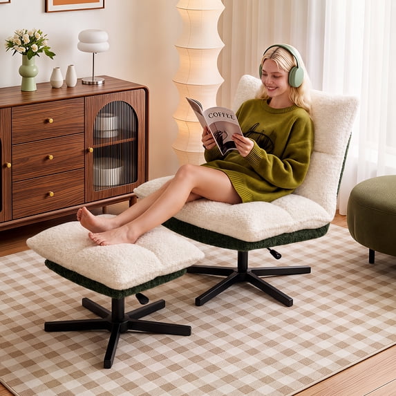 Pinmoco Accent Chair with Ottoman, 360°Swivel Lounge Chair for Living Room & Bedroom, 4-Position Adjustable Backrest, Adjustable Height, 330 lb Capacity,off white & olive green teddy fleece