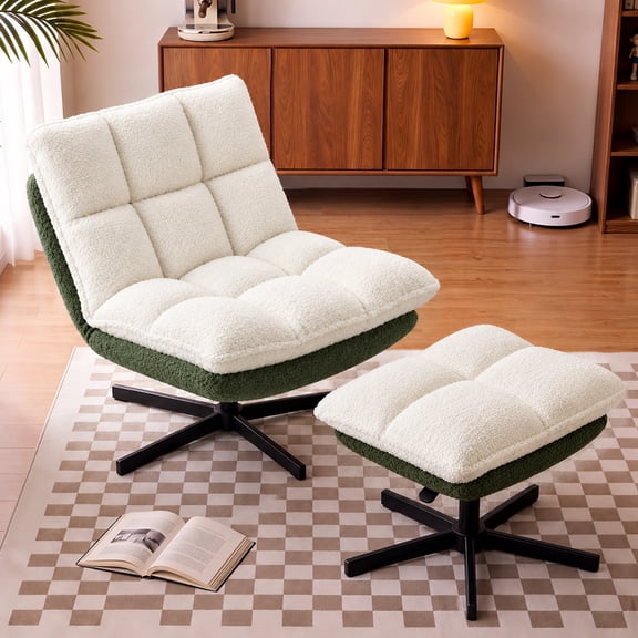 Pinmoco Accent Chair with Ottoman, 360°Swivel Lounge Chair for Living Room & Bedroom, 4-Position Adjustable Backrest, Adjustable Height, 330 lb Capacity,off white & olive green teddy fleece