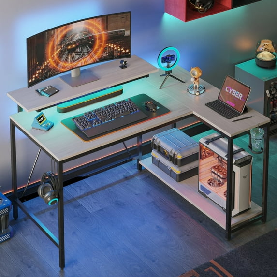 Pinmoco 42" L-Shaped Gaming Desk with Monitor Stand, LED Lights& Headset Hooks, Home Office Desk, Walnut Wash