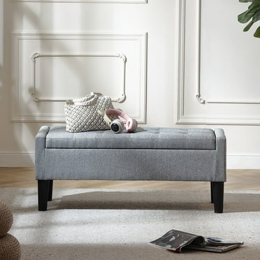 Pinmoco 42" Linen Storage Bench with Safety Hinge Upholstered Tufted Entryway Bench for Living Room or Bedroom, Gray