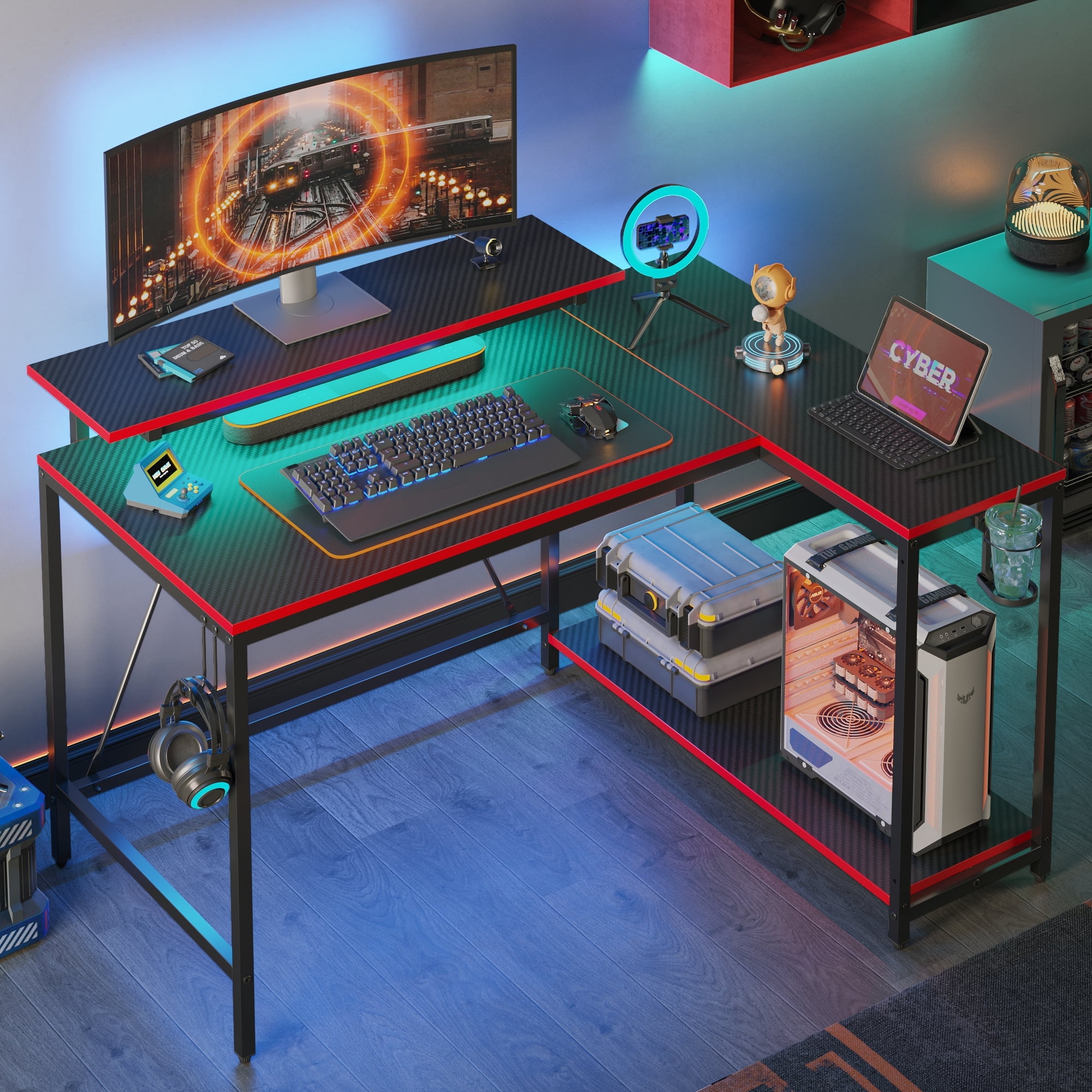 Walmart Deals of Pinmoco 42" Reversible L-Shaped Gaming Desk with Monitor Stand, LED Lights& Headset Hooks, Home Office, Carbon Fiber Black