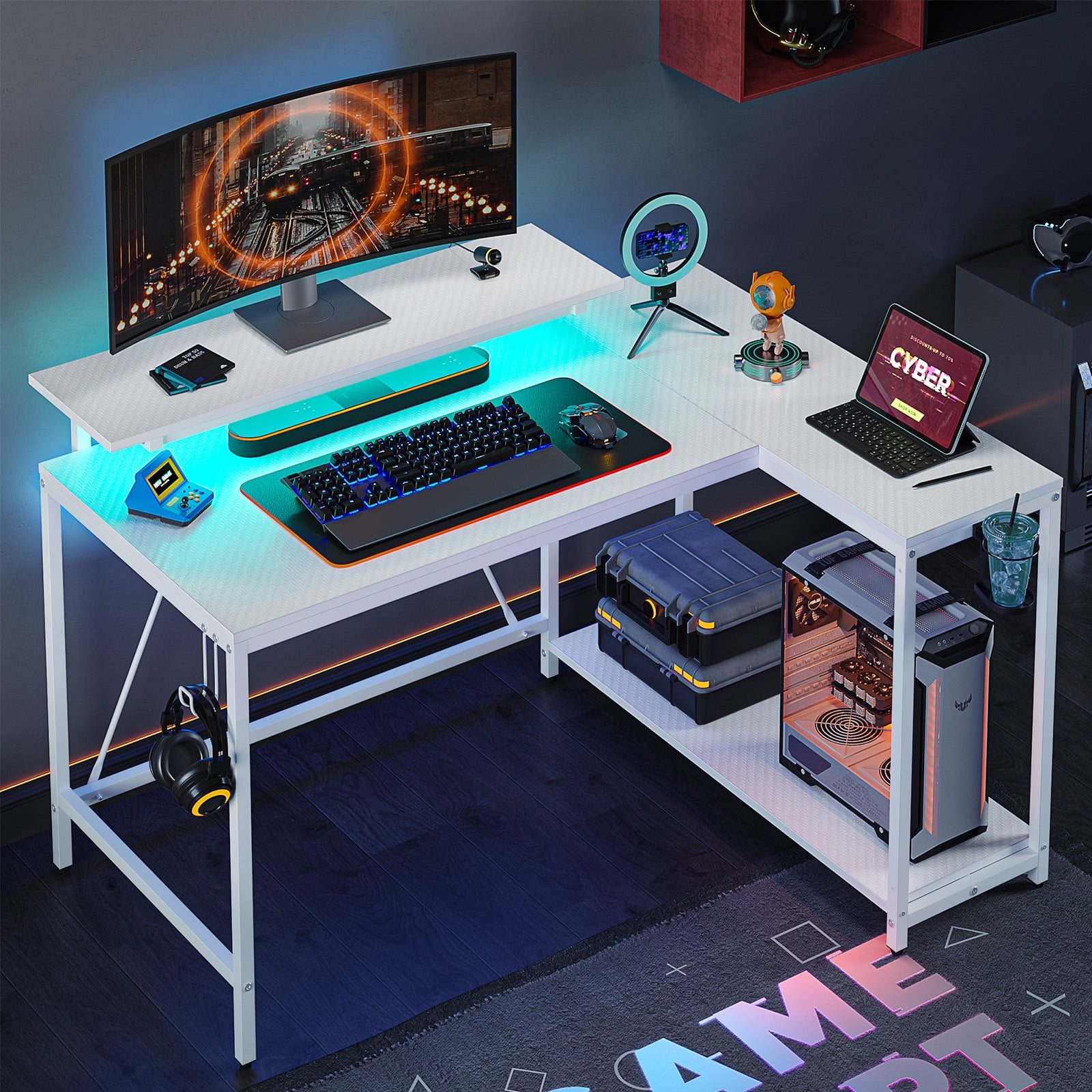 Pinmoco 42" Reversible LShaped Gaming Desk with Monitor Stand, LED Lights& Headset Hooks, Home Offic(图1) Pinmoco 42" Reversible LShaped Gaming Desk with Monitor Stand, LED Lights& Headset Hooks, Home Offic(图1)