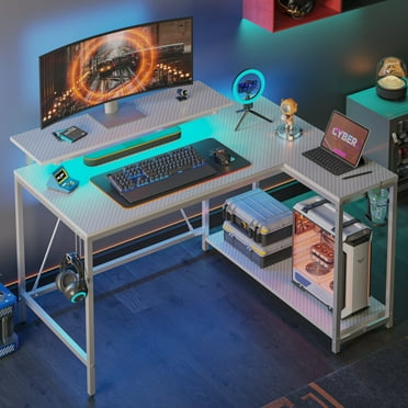 Pinmoco 42" Small Corner Computer Desk with Monitor Stand, Cup Holder& Headset Hooks, Home Office, Carbon Fiber Gray