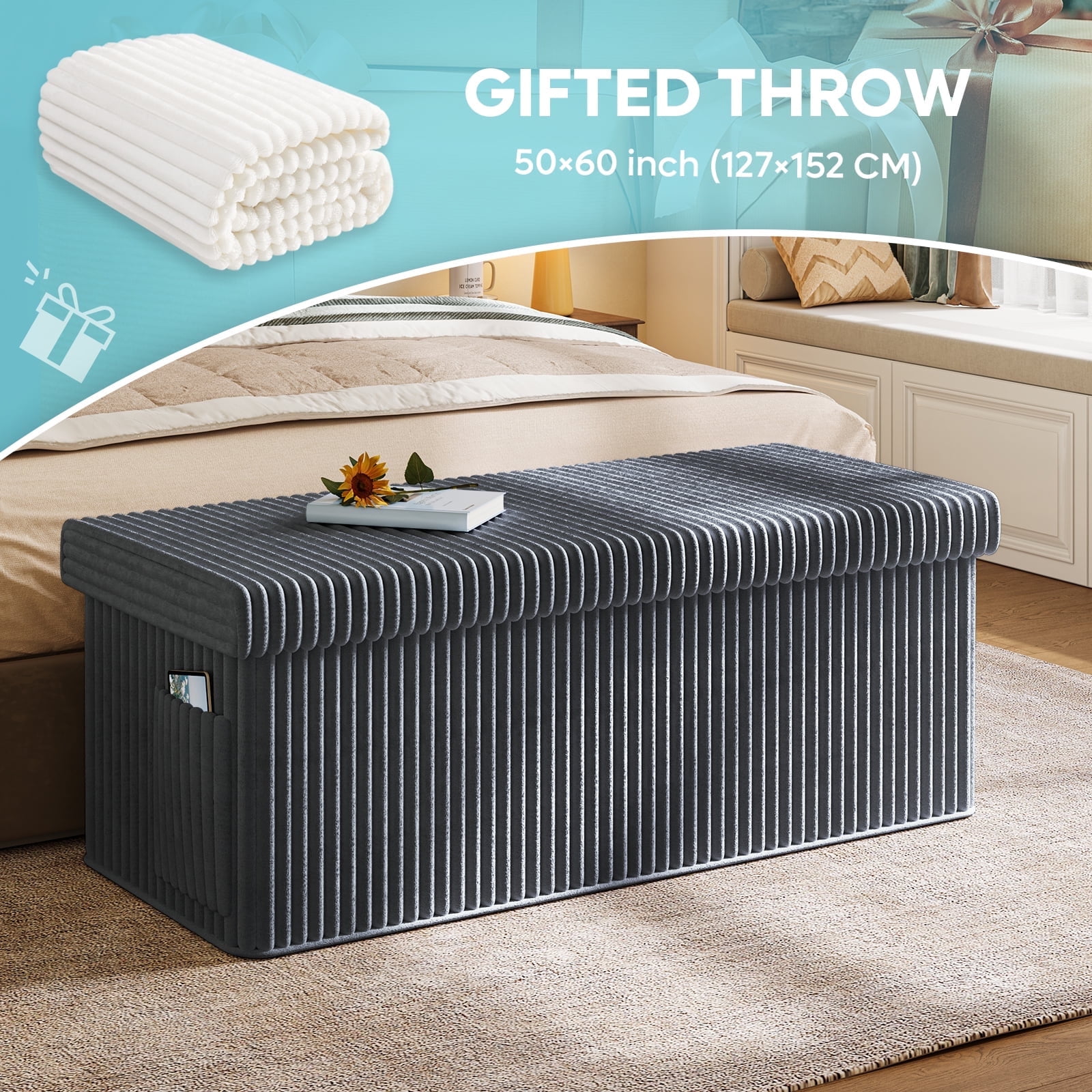 Pinmoco 43" Folding Storage Ottoman Bench with White Blanket and Side ...