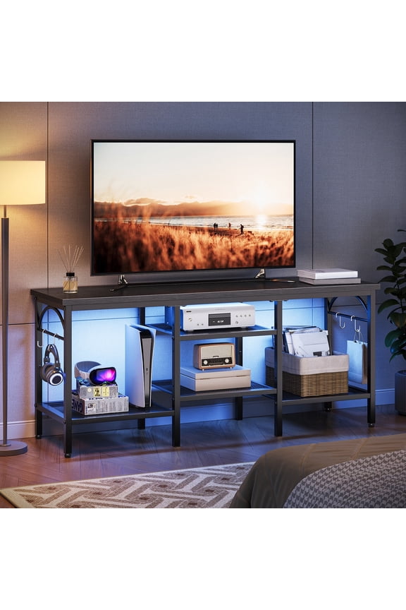 TV Stand for TVs up to 55 Inch, LED Light Entertainment Center with Open Storage Shelves, TV Media Console Table for Living Room, Bedroom, Black