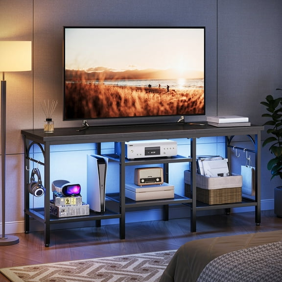 Pinmoco TV Stand for TVs up to 55 Inch, LED Light Entertainment Center with Open Storage Shelves, TV Media Console Table for Living Room, Bedroom, Black