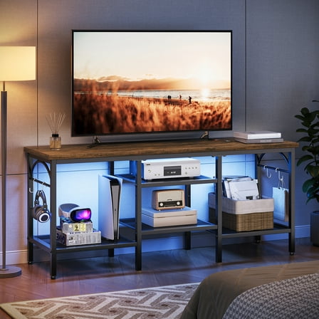 Pinmoco TV Stand for TVs up to 55 Inch, LED Light Entertainment Center with Open Storage Shelves, TV Media Console Table for Living Room, Bedroom, Rustic