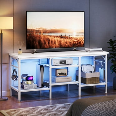 Pinmoco TV Stand for TVs up to 55 Inch, LED Light Entertainment Center with Open Storage Shelves, TV Media Console Table for Living Room, Bedroom, White