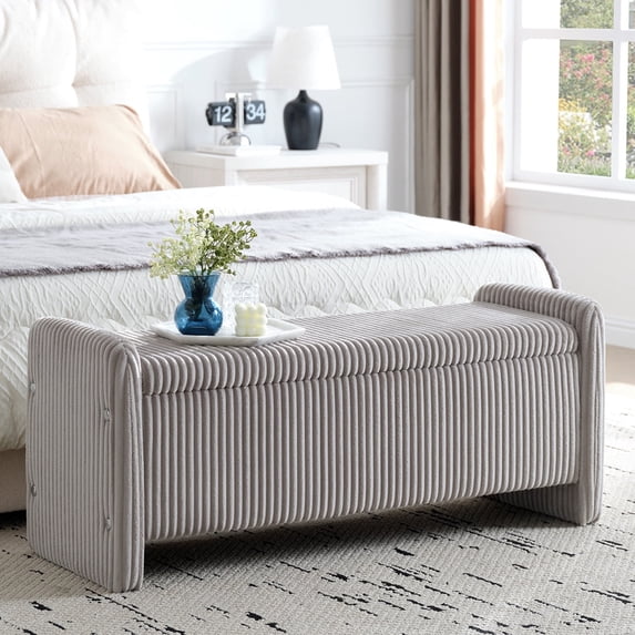 Pinmoco 44" Upholstered Storage Bench, Wood Frame Entryway Bench with Storage for Bedroom & Living Room, Corduroy Gray