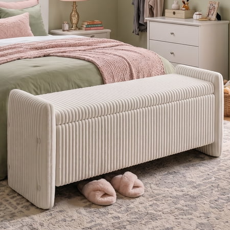 Pinmoco 44" Upholstered Storage Bench, Wood Frame Entryway Bench with Storage for Bedroom & Living Room, Corduroy Beige