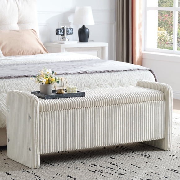 Pinmoco 44" Upholstered Storage Bench, Wood Frame Entryway Bench with Storage for Bedroom & Living Room, Corduroy Beige