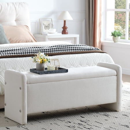 Pinmoco 44" Upholstered Storage Bench, Wood Frame Entryway Bench with Storage for Bedroom & Living Room, Linen White