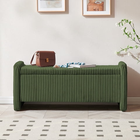 Pinmoco 44" Upholstered Storage Bench, Wood Frame Entryway Bench with Storage for Bedroom & Living Room, Corduroy Olive Green