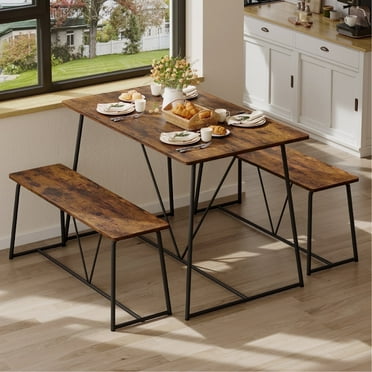 Pinmoco 47.5" Dining Table Set for 4, Wood Kitchen Table Set with Reinforced Metal Frame for Breakfast Nook and Small Space, Waterproof, Rustic
