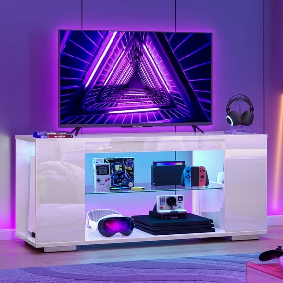 Pinmoco 47'' TV Stand for TVs up to 55", Gaming Entertainment Center with LED Lights, White