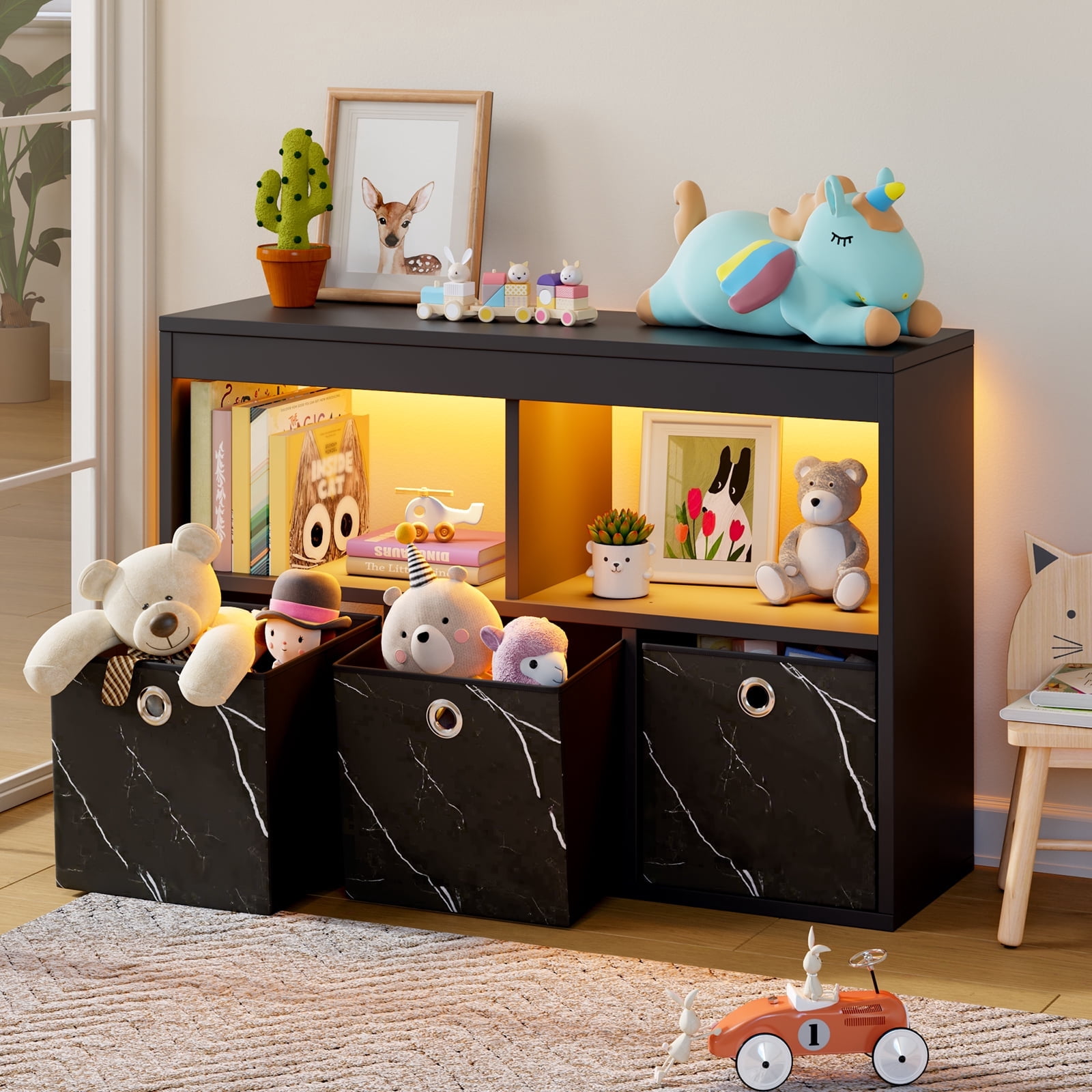 Pinmoco 5-Cube Kid's Bookshelf LED Toy Storage Organizer with Three Marbled Fabric Drawers for Playroom Storage, Black