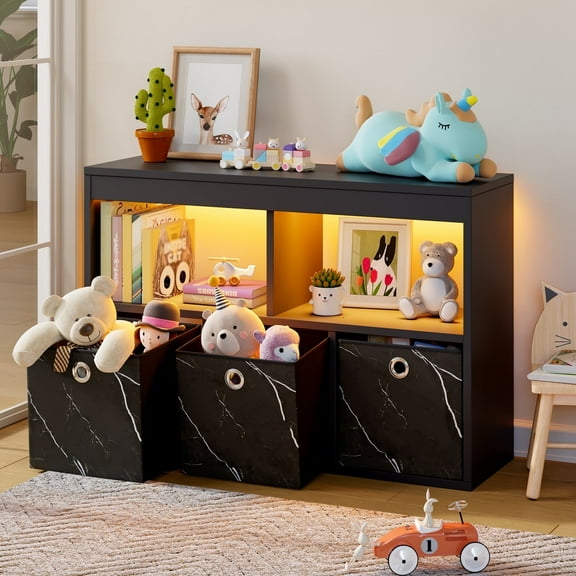 Pinmoco 5-Cube Kid's Bookshelf LED Toy Storage Organizer with Three Marbled Fabric Drawers for Playroom Storage, Black