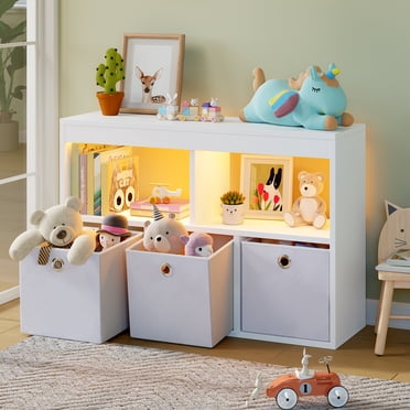 Pinmoco 5-Cube Reversible Open LED Kids Toy Storage Organizer with Three Fabric Drawers for Playroom Storage, White