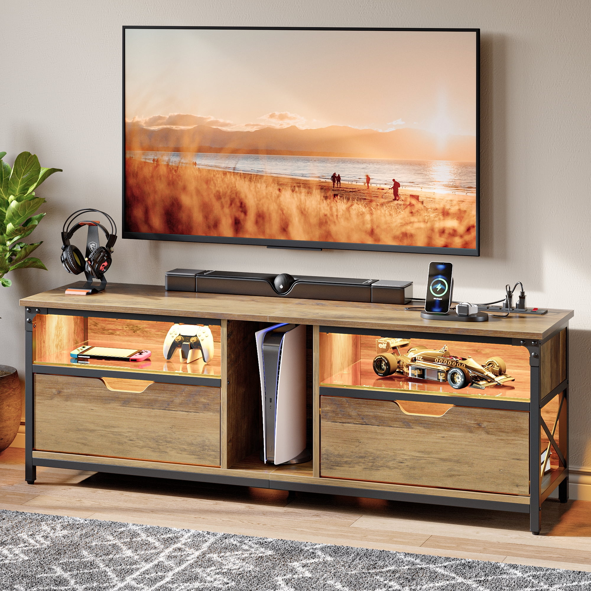 Pinmoco LED TV Stand with Power Outlet for 30-70" TVs, Media Console with Glass Shelves, Rustic Oak