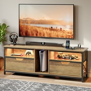 Pinmoco LED TV Stand with Power Outlet for 30-70" TVs, Media Console with Glass Shelves, Retro Gray