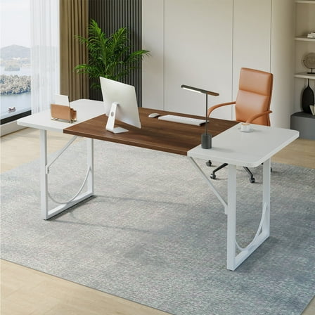 Pinmoco 63" Executive Desk, Lager Writing Desk with Metal Frame, Home and Office, White with Walnut
