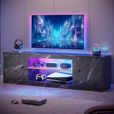 63" Modern High Gloss LED TV Stand – Entertainment Center For 55/65/70 Inch TVs, Open Shelves & Cable Management