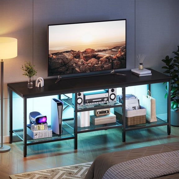 Pinmoco 63" TV Stand for TVs up to 70 Inch, LED Light Entertainment Center with Open Storage Shelves, TV Media Console Table for Living Room, Bedroom, Black