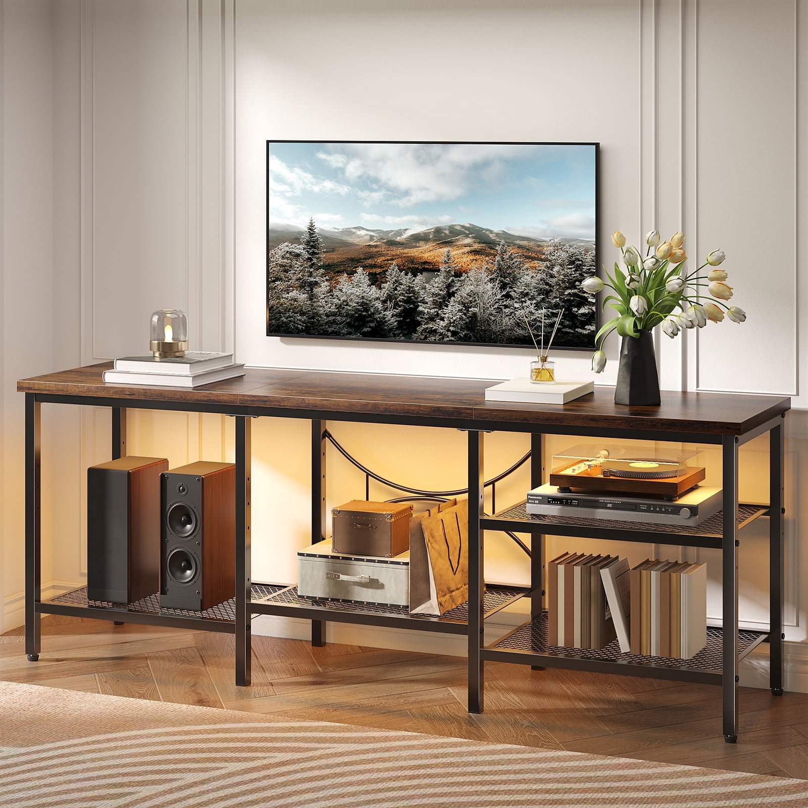 Pinmoco 63" TV Stand for TVs up to 70 Inch, LED Light Entertainment Center with Open Storage Shelves, TV Media Console Table for Living Room, Bedroom, Rustic
