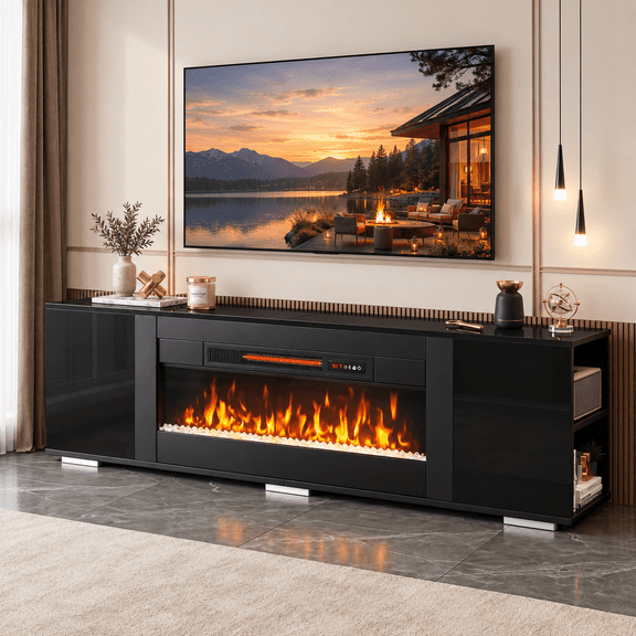 Pinmoco 70" Electric Fireplace TV Stand for TVs up to 80", Modern Entertainment Center with 36" Fireplace, TV Console with Storage Cabinets, Black