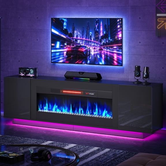 Pinmoco 70" Fireplace TV Stand for TVs Up to 80", LED Entertainment Center TV Console Table with 36" Electric Fireplace, Black