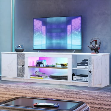 Pinmoco 70" LED TV Stand for TVs up to 80", Gaming Entertainment Center with Storage Cabinet and Adjustable Shelves, White Marble