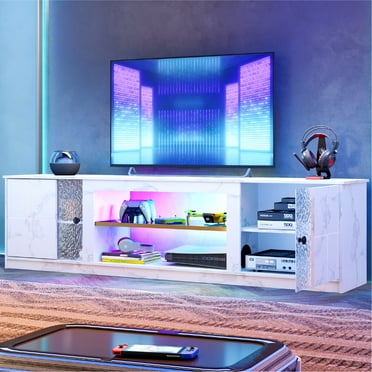 Pinmoco 70" LED TV Stand for TVs up to 80", Gaming Entertainment Center with Storage Cabinet and Adjustable Shelves, White Marble