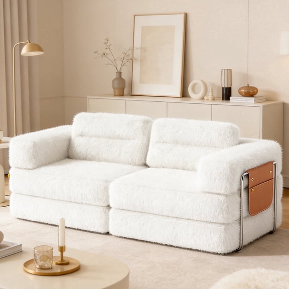 Pinmoco 81.5" Convertible Sofa Bed, Modular Sectional Sleeper Sofa with Pillows & Storage for Living Room, Apartment & Small Space, Faux Fur Fabric White