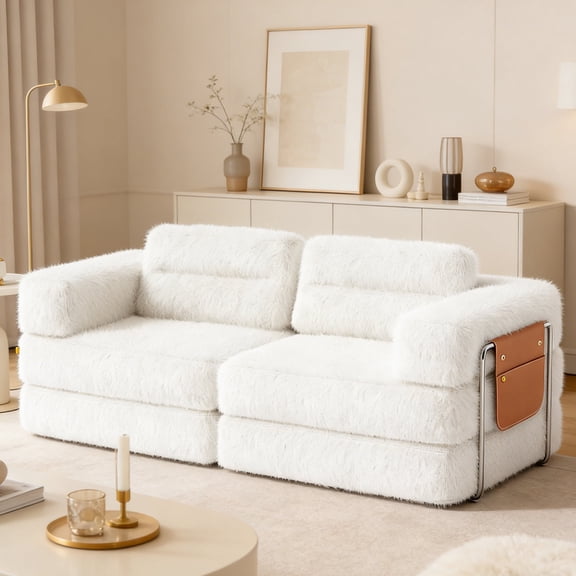 Pinmoco 81.5" Convertible Sleeper Sofa Bed, Modular Corduroy Sofa with Pillows & Storage, Faux Fur Fabric White