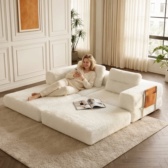 Pinmoco 81.5" Convertible Sofa Bed, Modular Sectional Sleeper Sofa for Living Room, Foldable Couch Bed with Pillows and Storage, No Assembly Required, , Faux Fur Fabric White