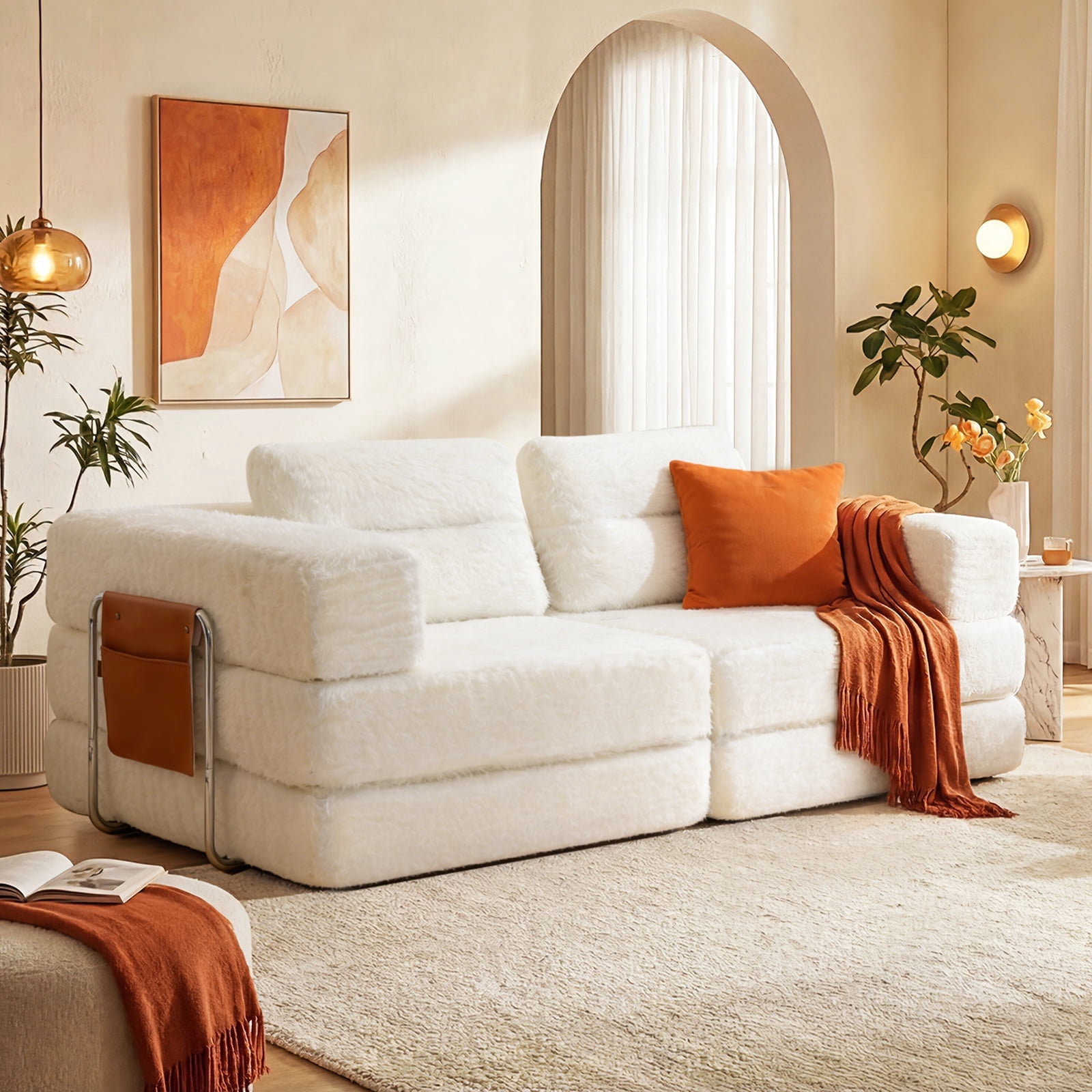 Pinmoco 81.5" Convertible Sofa Bed, Modular Sectional Sleeper Sofa for Living Room, Foldable Couch Bed with Pillows and Storage, No Assembly Required, Faux Fur Fabric White