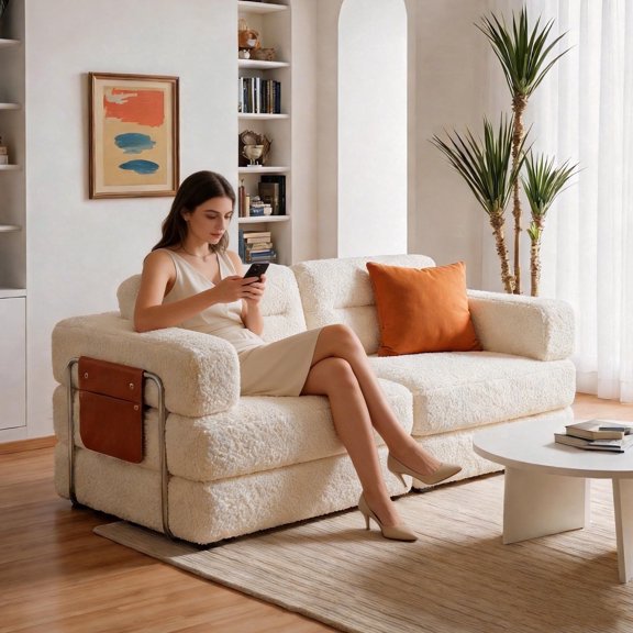 Pinmoco 81.5" Convertible Sofa Bed, Modular Sectional Sleeper Sofa for Living Room, Foldable Couch Bed with Pillows and Storage, No Assembly Required, Teddy Fleece Beige