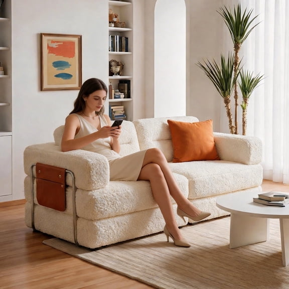 Pinmoco 81.5"  Convertible Sleeper Sofa Bed, Modular Corduroy Sofa with Pillows & Storage, Teddy Fleece Beige