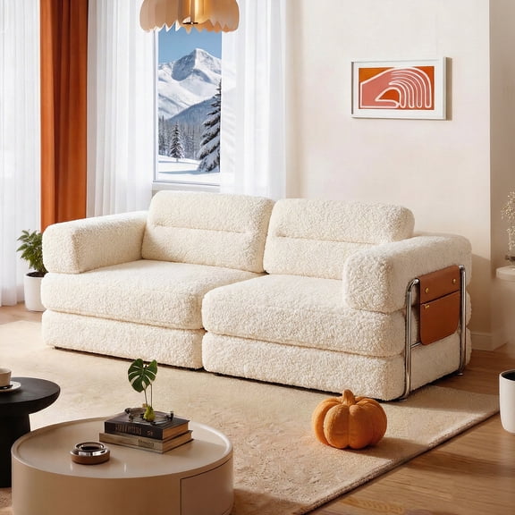 Pinmoco 81.5" Convertible Sofa Bed, Modular Sectional Sleeper Sofa with Pillows & Storage for Living Room, Apartment & Small Space, Teddy Fleece Beige