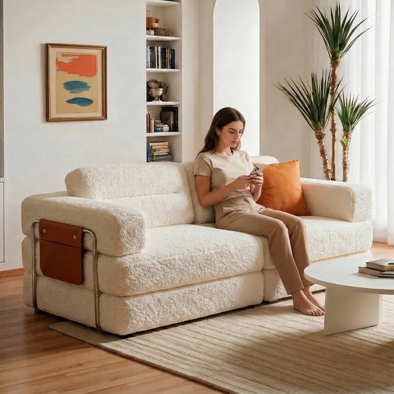 Pinmoco 81.5" Convertible Sofa Bed, Modular Sectional Sleeper Sofa with Pillows & Storage for Living Room, Apartment & Small Space, Teddy Fleece Beige