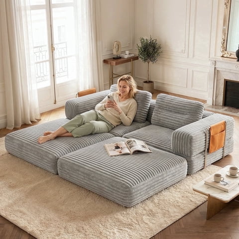 Pinmoco 81.5" Convertible Sleeper Sofa Bed, Modular Sectional Sofa with Pillows & Storage for Living Room, Apartment & Small Space, Corduroy Gray