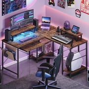 Pinmoco 95.2" L Shaped Gaming Desk with Monitor Stand, LED Lights with Keyboard Tray, Home Office, Rustic