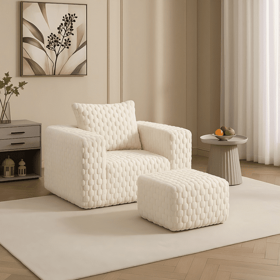 Pinmoco Accent Chair with Ottoman Set, Modern Upholstered Single Sofa with Lumber Pillow Armchair for Living Room Bedroom Reading Room Office, White
