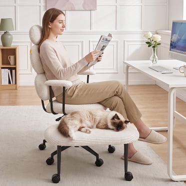 Pinmoco Cross Legged Office Chair with Arms & Headrest, Ergonomic Criss Cross Chair, Height Adjustable Swivel Desk Chair for Home Office, Beige