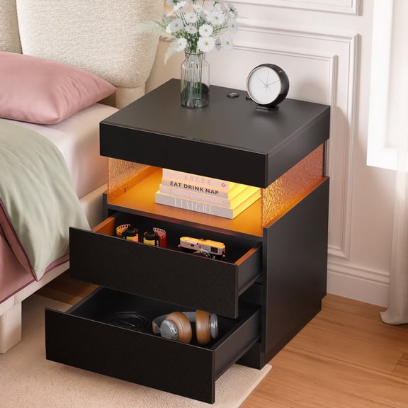 Pinmoco LED Nightstand with Charging Station, 2 Drawers Bedside Table with USB & Type-C Ports, Modern Glossy End Table for Bedroom Living Room, Black