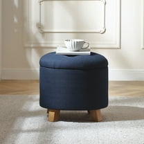 Pinmoco Button Tufted Storage Ottoman, Linen Round Ottoman with Removable Lid, Blue, 17.5"D x 16.5"H