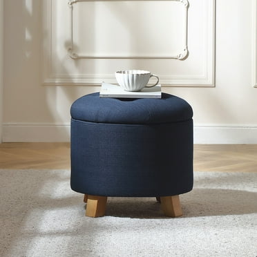 Pinmoco Button Tufted Storage Ottoman, Linen Round Ottoman with Removable Lid, Blue, 17.5"D x 16.5"H